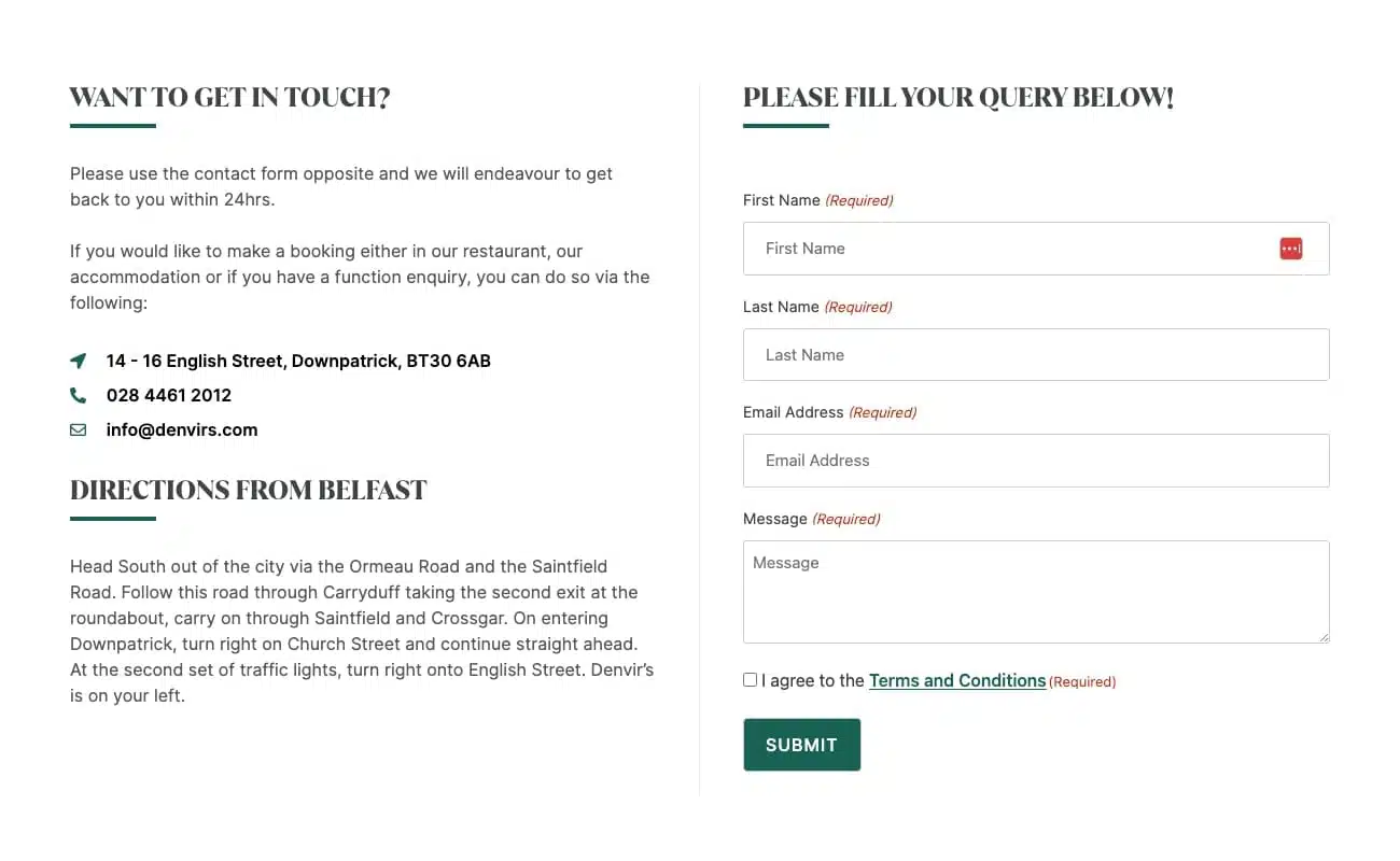 Screenshot of Contact Us page for Denvirs