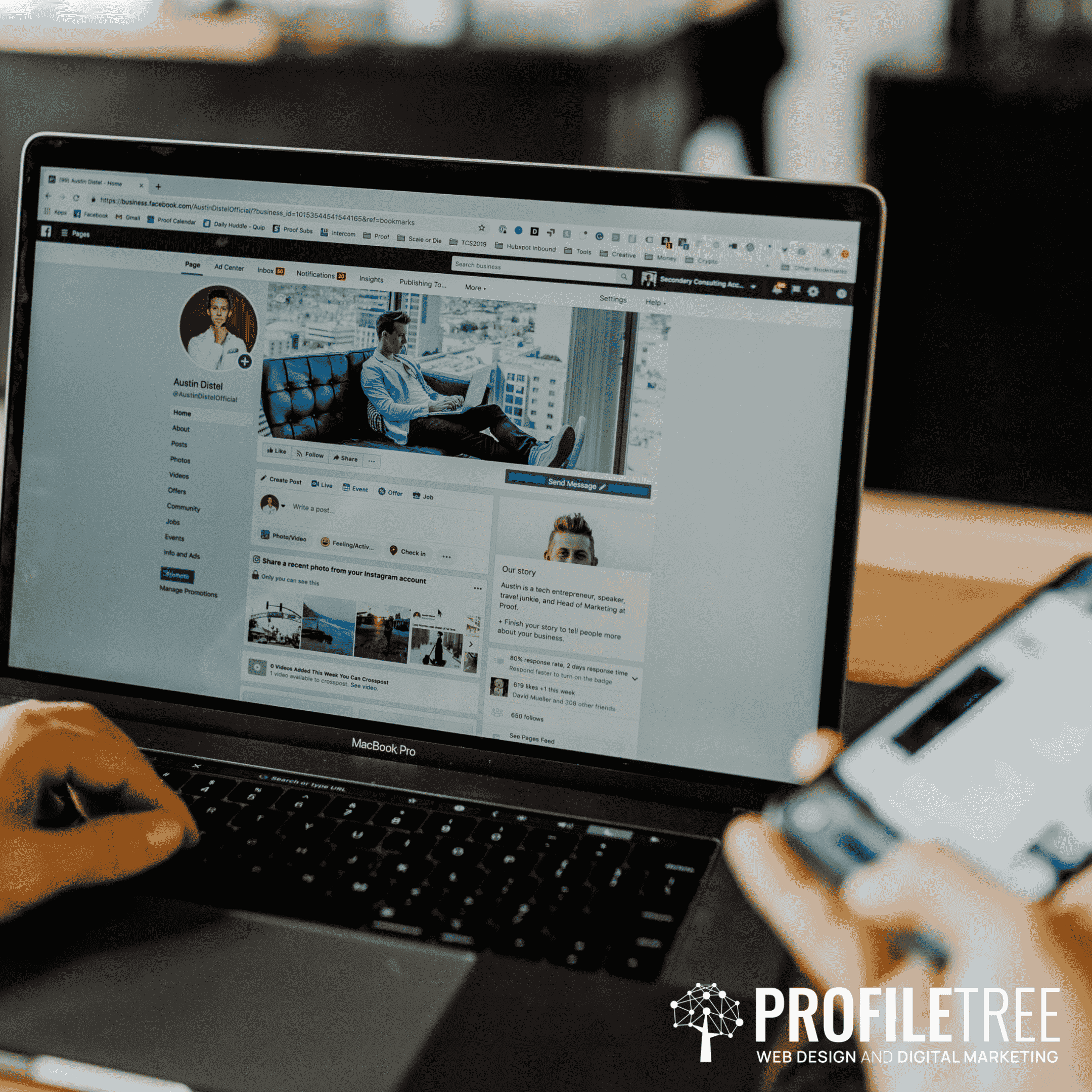 Image of Facebook open on  desktop and mobile