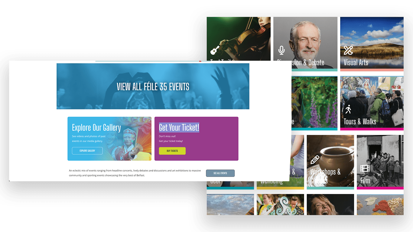 Screenshots of Events and Categories section of Féile an Phobail website