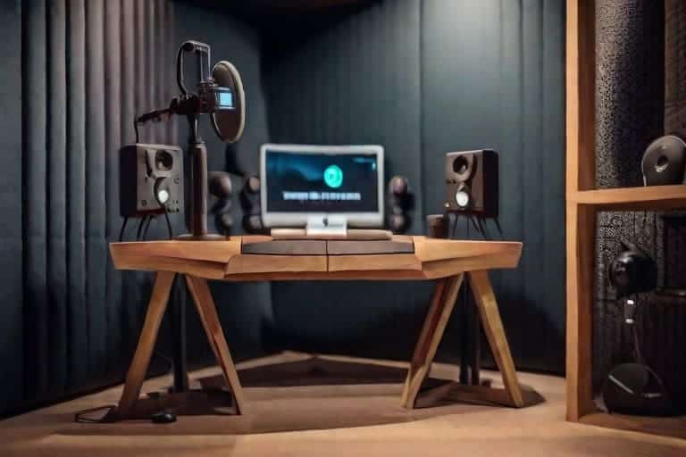 Image of Podcast Studio with microphone, speakers, and laptop