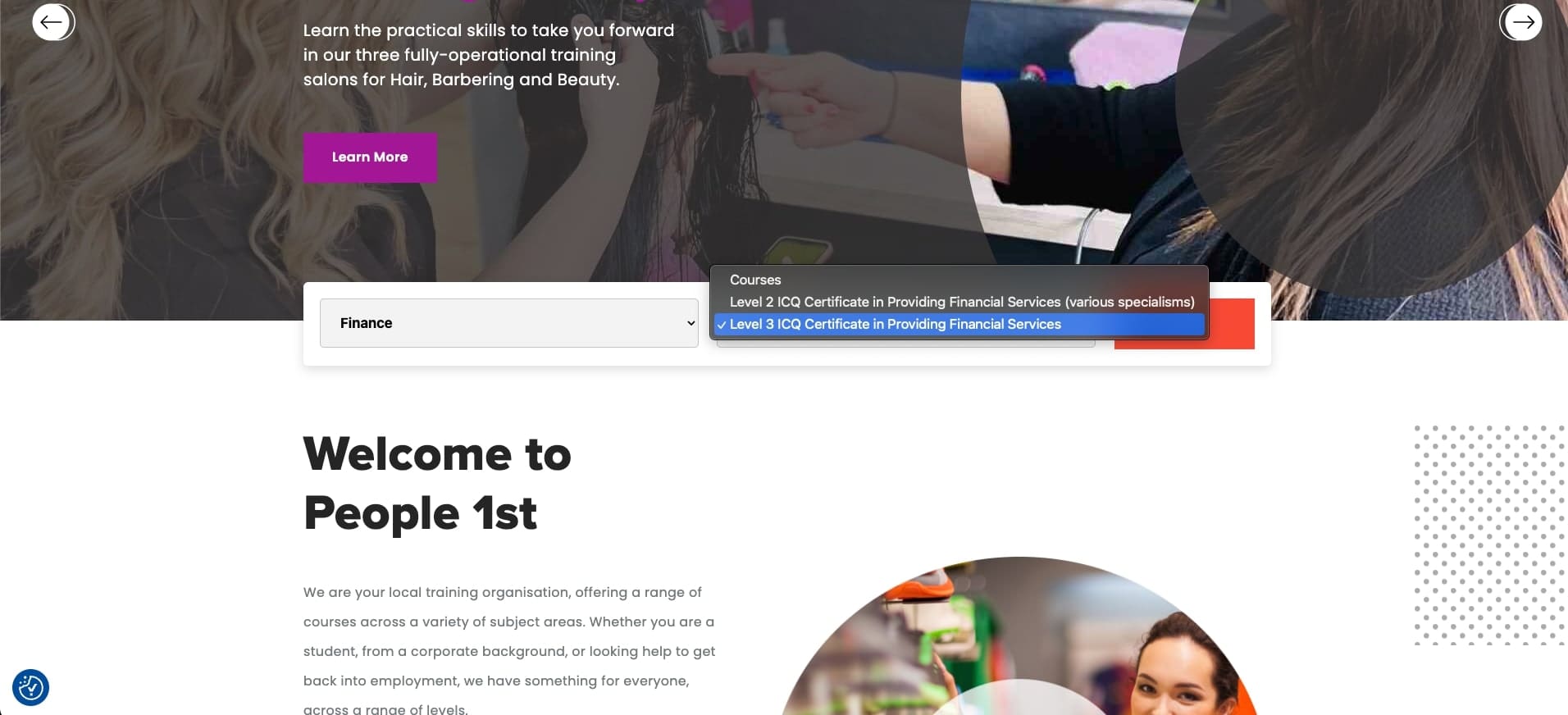 Screenshot showing the search functionality of People1st website