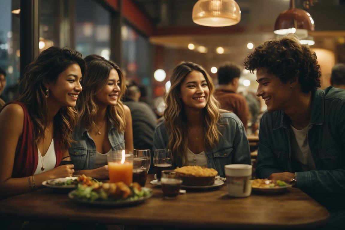 Group of friends talking and socialising over dinner