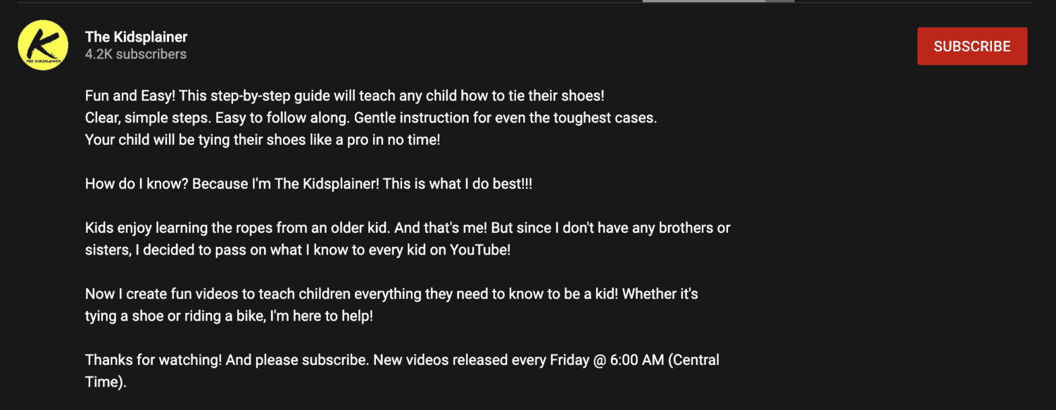 YouTube description from how to tie a shoelace video - More Views on YouTube