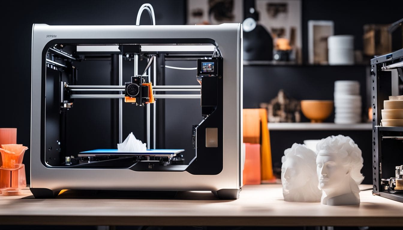 A 3D printer in action surrounded by printed objects in a bustling atmosphere.
