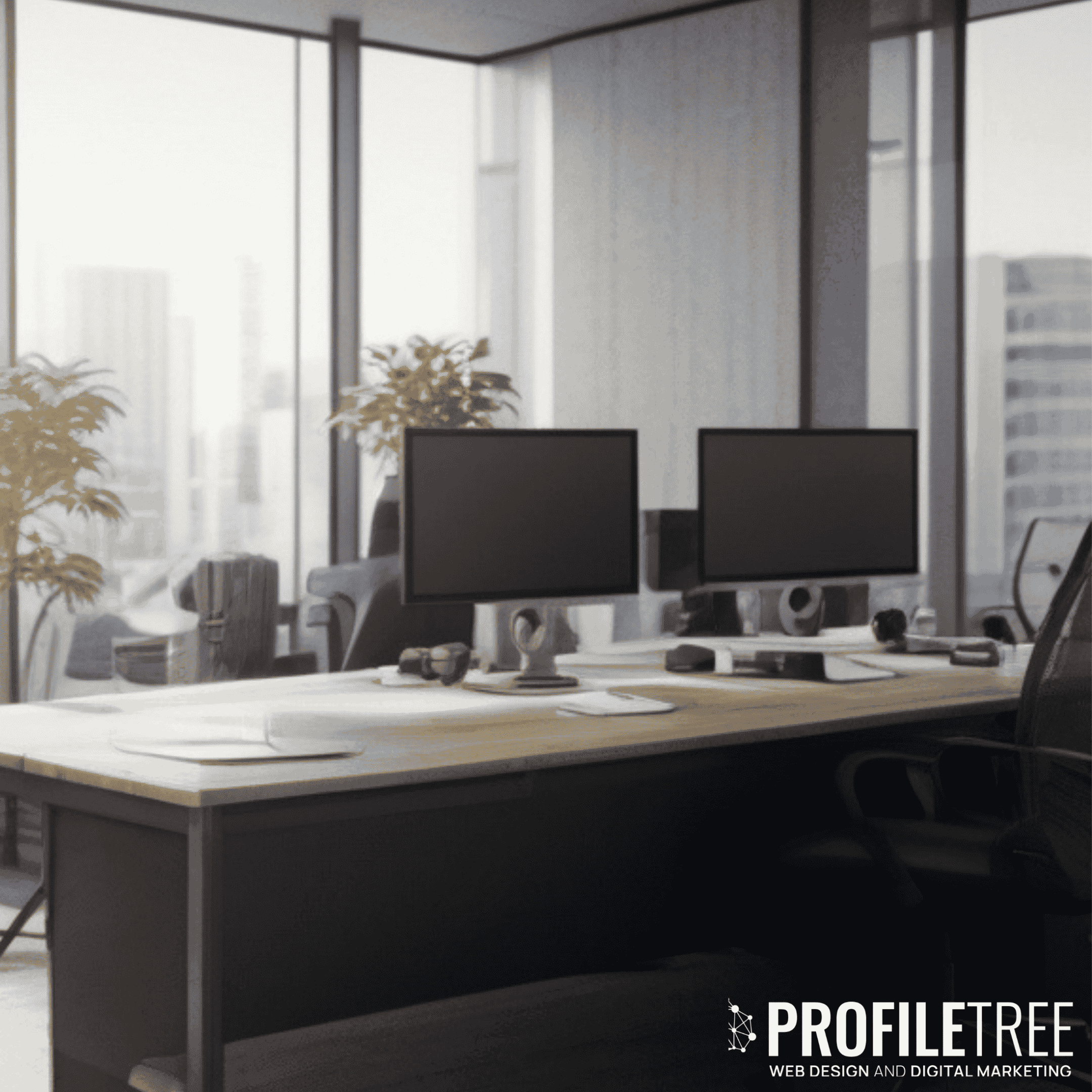 Image of an office with computers overlooking city.