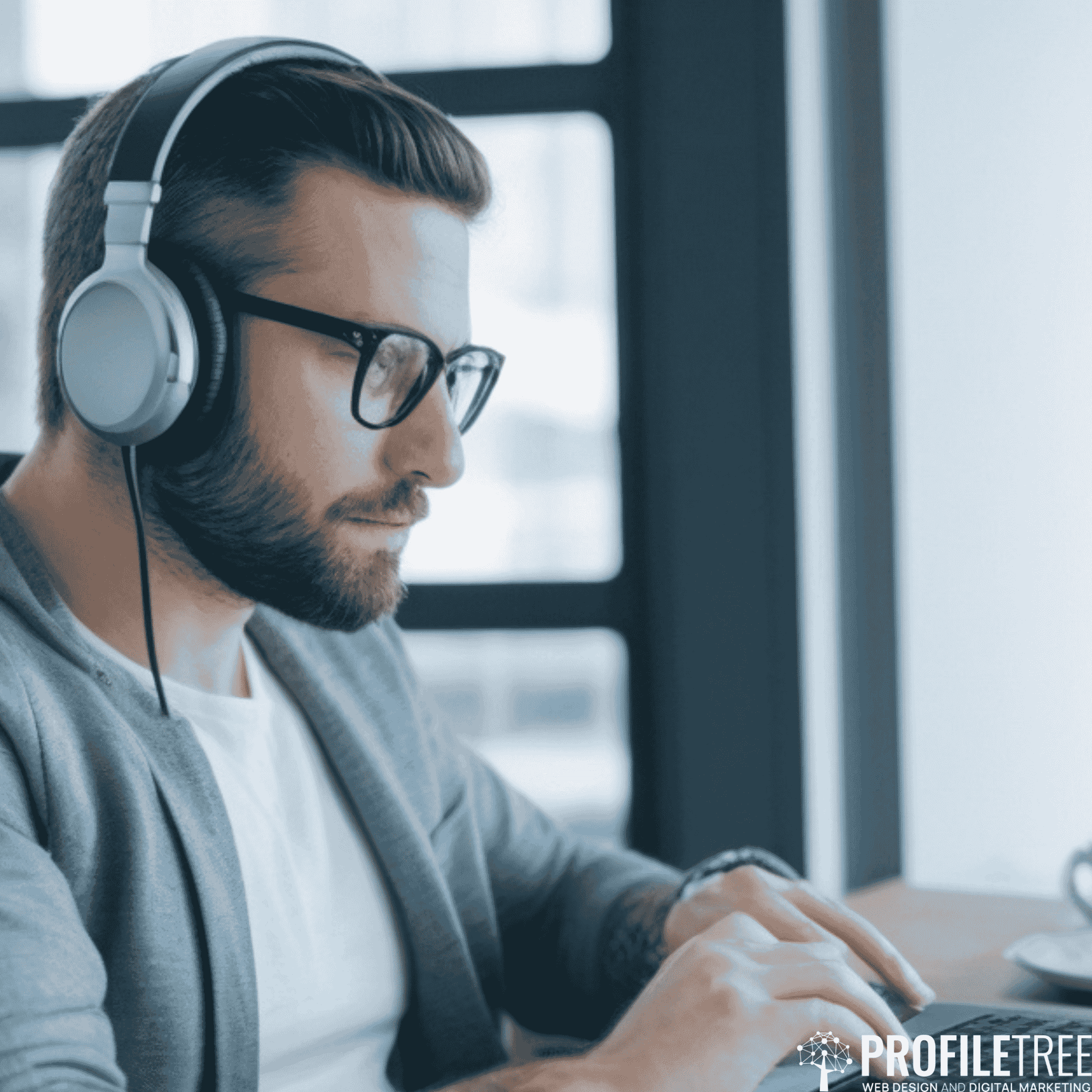 Image of man on laptop with headphones creating digital value proposition