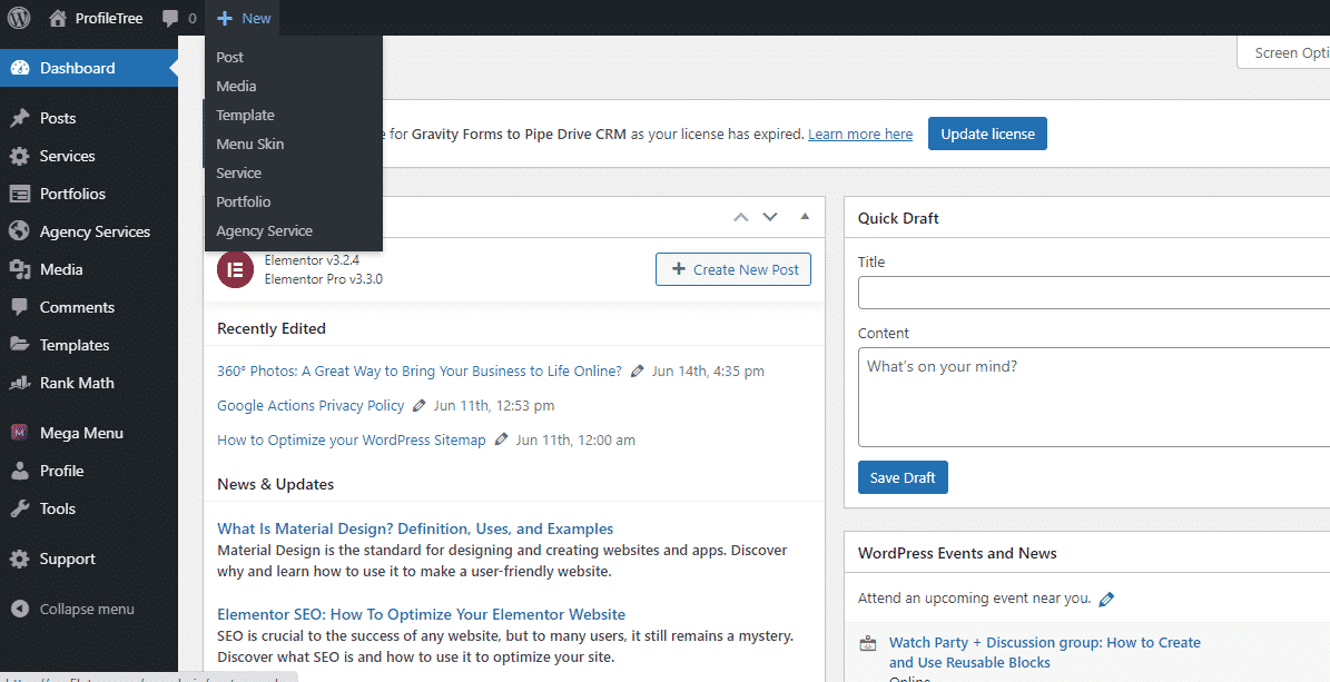 back end of wordpress