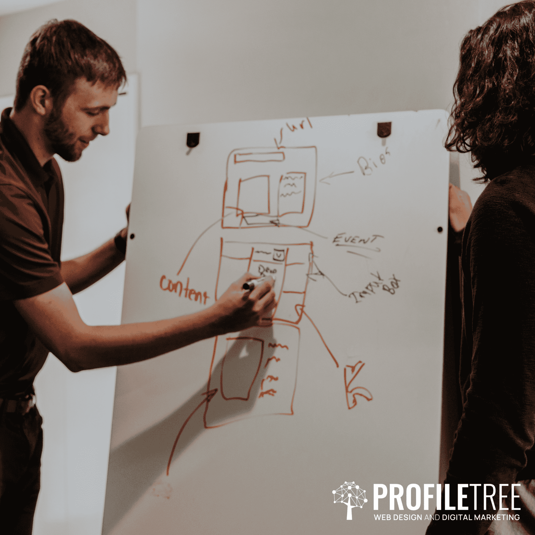 Two people drawing up diagrams on a whiteboard
