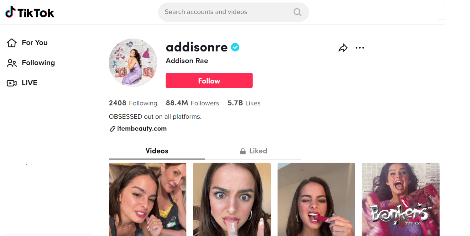 Addison Rae shares her TikTok videos with her 88.4m followers.