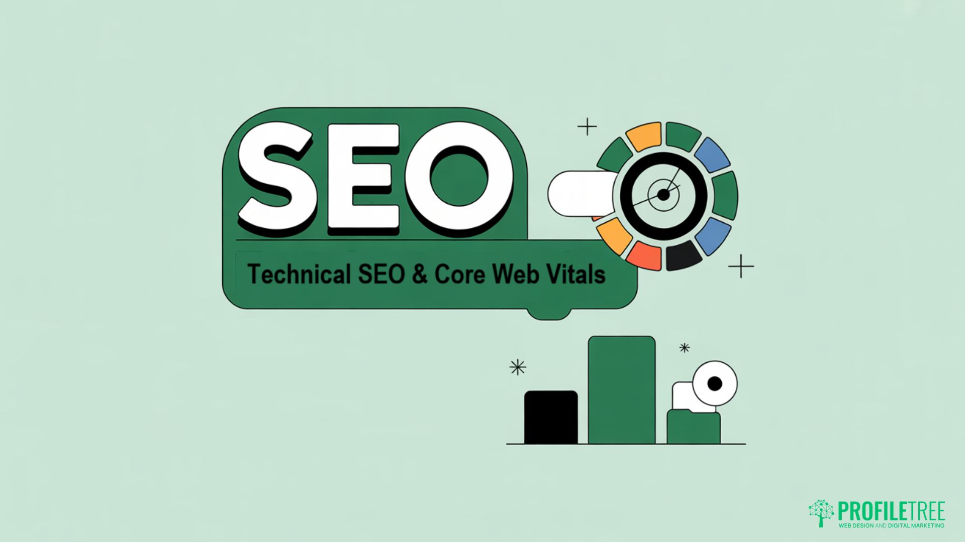 Illustration featuring the large text SEO, smaller text Technical SEO & Core Web Vitals, a colourful speedometer graphic symbolising ranking, bar charts, and the Profiltree logo in the bottom right corner. Light green background.