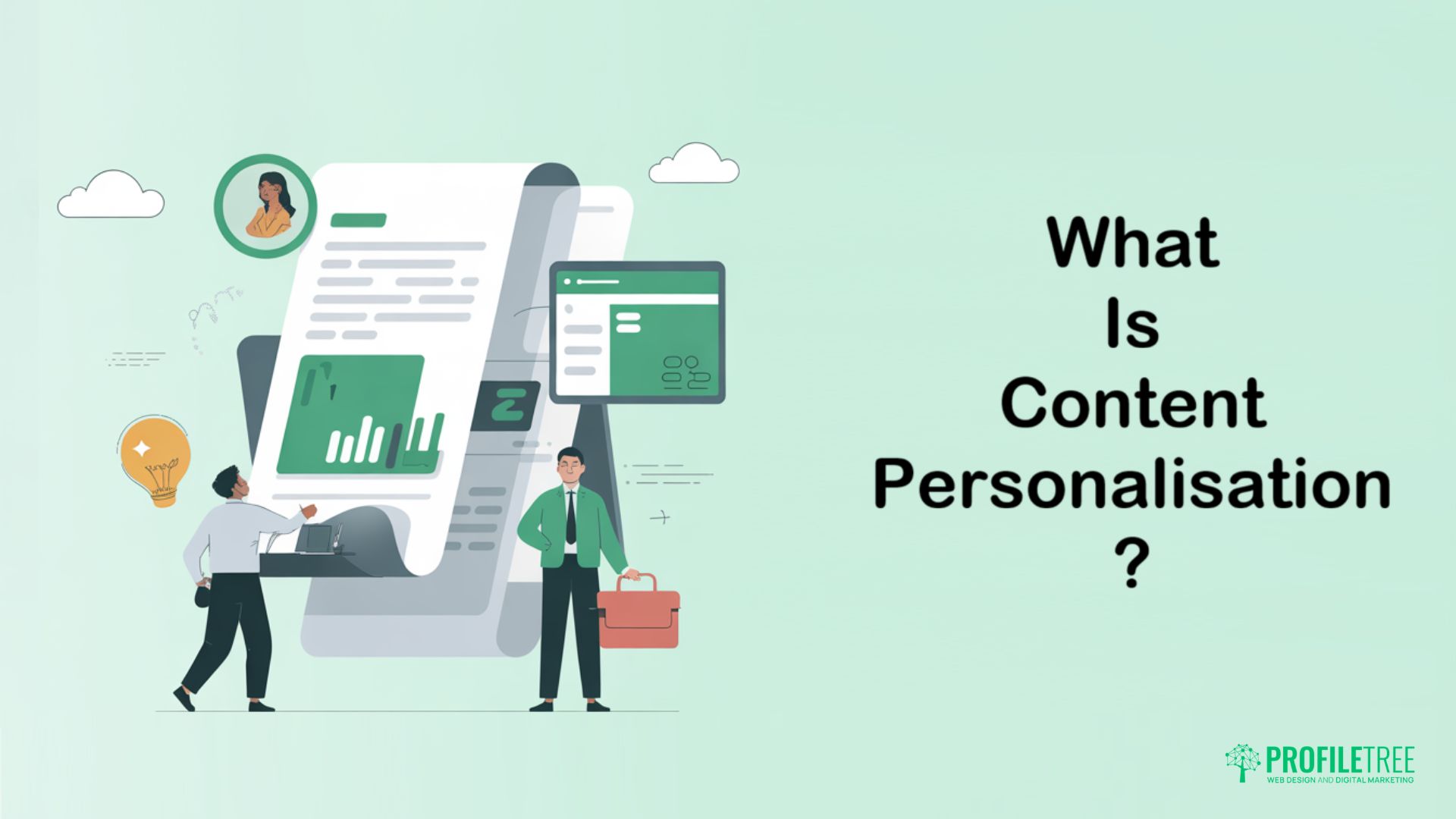 Illustration of people with digital charts, graphs, and content elements around a large document. Text reads, What is Content Personalisation? Discover effective Content Personalisation Techniques. PROFILFRTREE logo appears in the bottom right corner.
