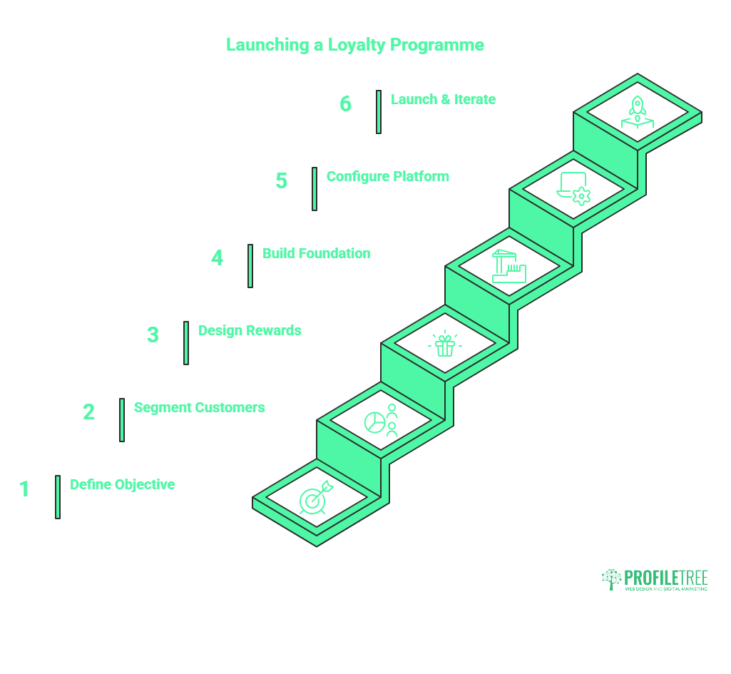 A green staircase diagram shows six steps to launch a Customer Loyalty Programme: 1. Define Objective, 2. Segment Customers, 3. Design Rewards, 4. Build Foundation, 5. Configure Platform, 6. Launch & Iterate. ProfileTree logo at bottom right.