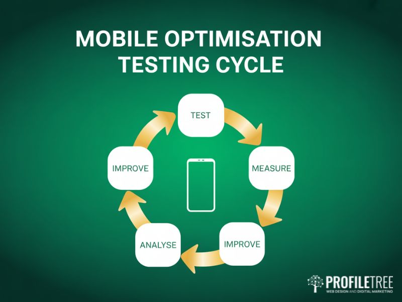Mobile optimisation testing cycle diagram showing test measure analyse and improve stages for ongoing store performance