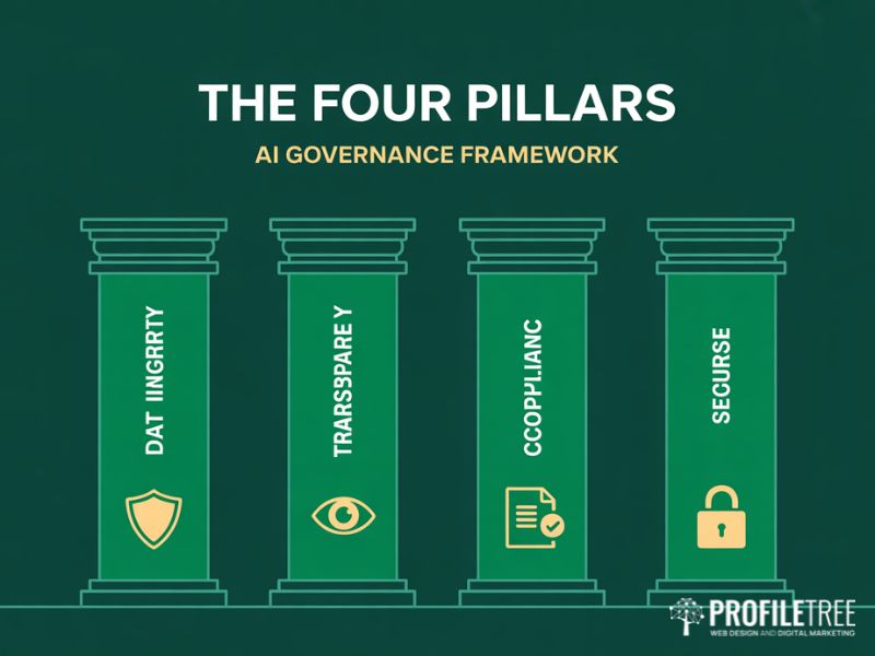 Flat vector graphic of four pillars representing the data governance for AI framework for SMEs