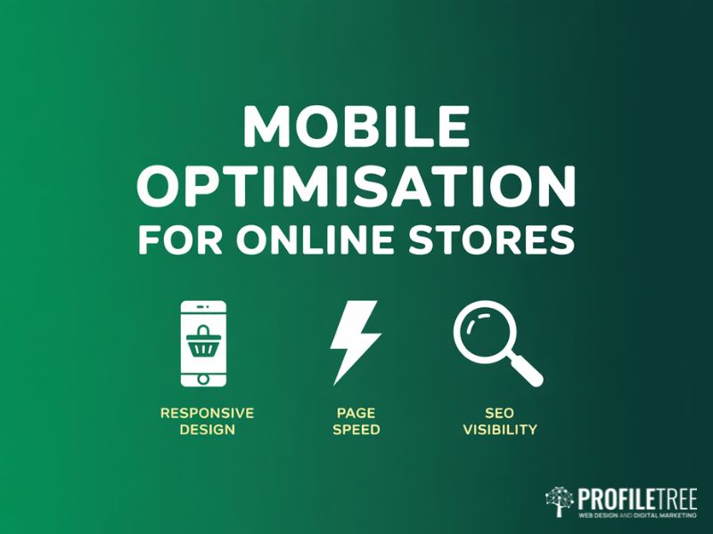 Mobile optimisation for online stores showing responsive design page speed and SEO visibility icons