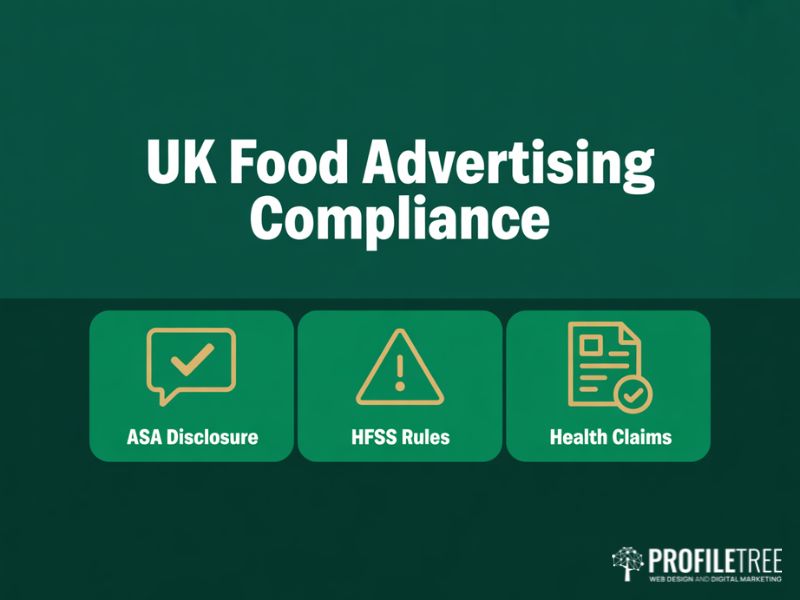 A flat vector graphic outlining the three key compliance rules UK brands must follow to promote food products on social media