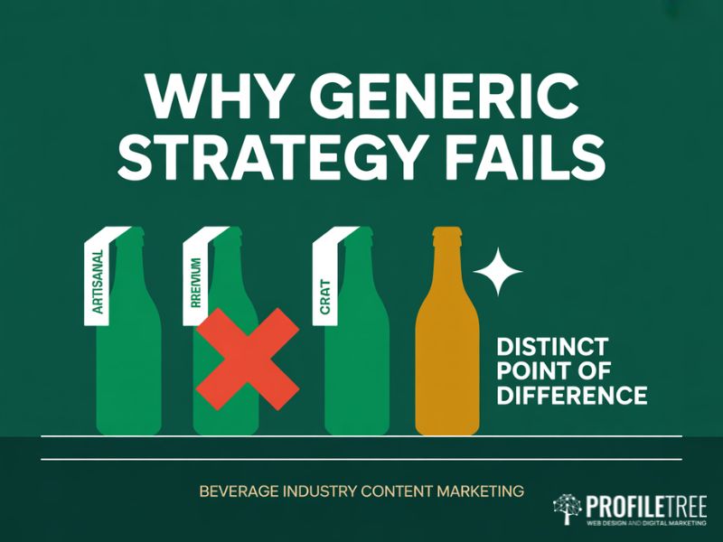 Flat vector graphic showing why generic content strategy fails in the beverage industry with crowded shelf icons