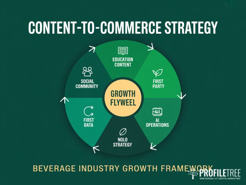 Flat vector flywheel diagram showing the five pillars of a content to commerce strategy for the beverage industry