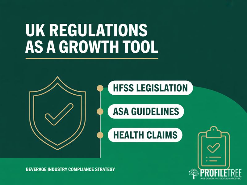 Flat vector graphic showing UK regulatory compliance as a competitive advantage for the beverage industry including HFSS and ASA