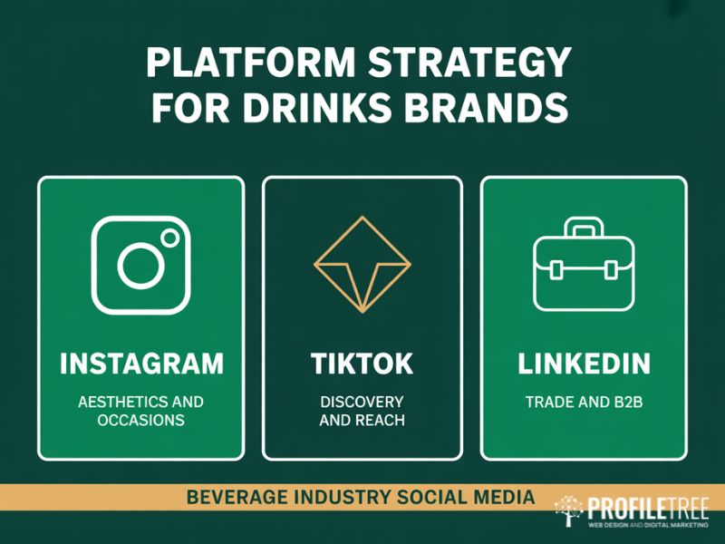 Flat vector graphic showing social media platform strategy for beverage industry brands including Instagram TikTok and LinkedIn