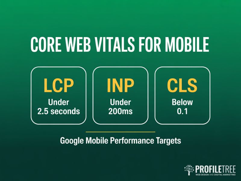 Mobile optimisation core web vitals targets showing LCP INP and CLS performance thresholds for Google mobile rankings