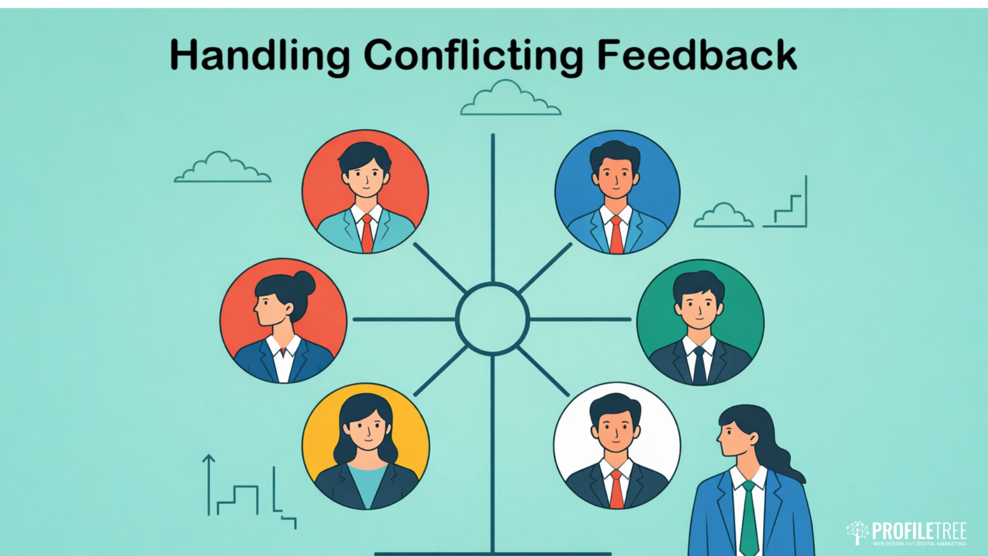 An illustration showing seven business people in coloured circles connected by lines, under the title Handling Conflicting Feedback. The background includes clouds and a faint cityscape, highlighting the role of customer feedback in content strategy.