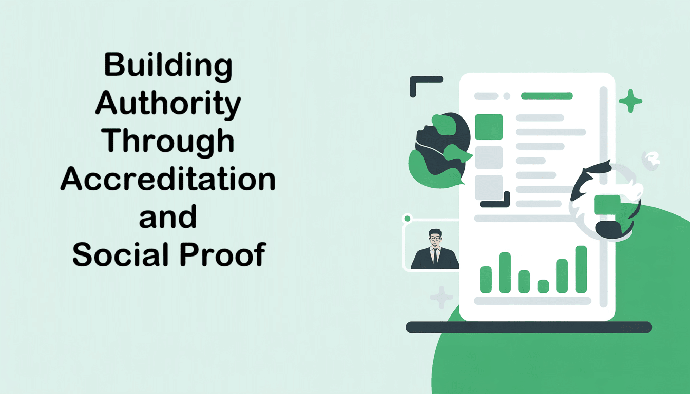Illustration of a document with charts and a photo of a person, next to the text Building Authority Through Accreditation and Social Proof for your Training Organisation on a light green background.