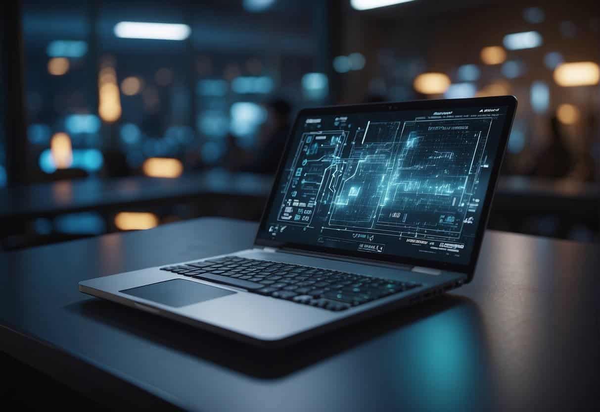 A computer-generated AR interface overlays onto a physical object, while AI algorithms analyze data in the background