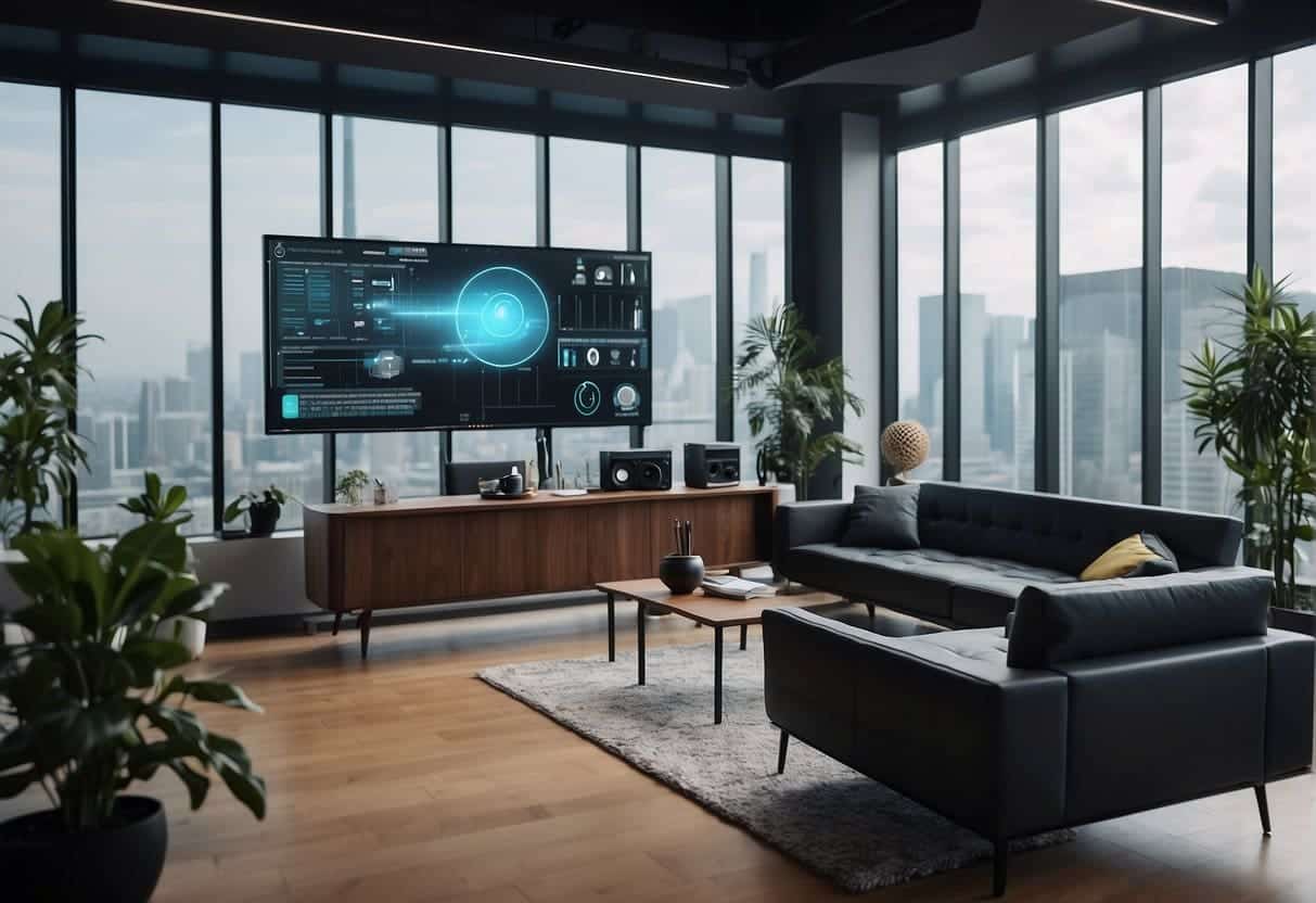 Smart devices and AR interface with AI in a modern office setting, showing virtual objects overlaid on physical surroundings
