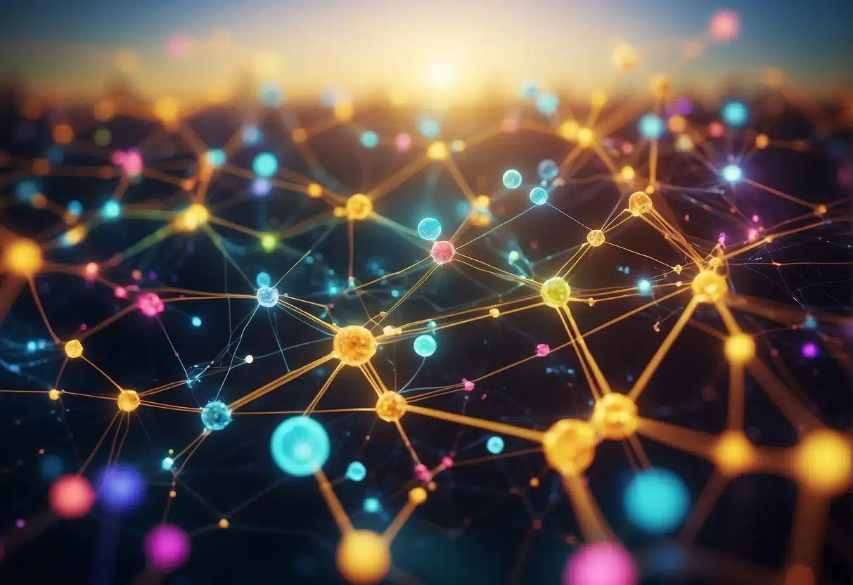 A colorful network of interconnected nodes and pathways symbolizing the spread of viral content, with trust-building elements and conversation bubbles emerging from the nodes