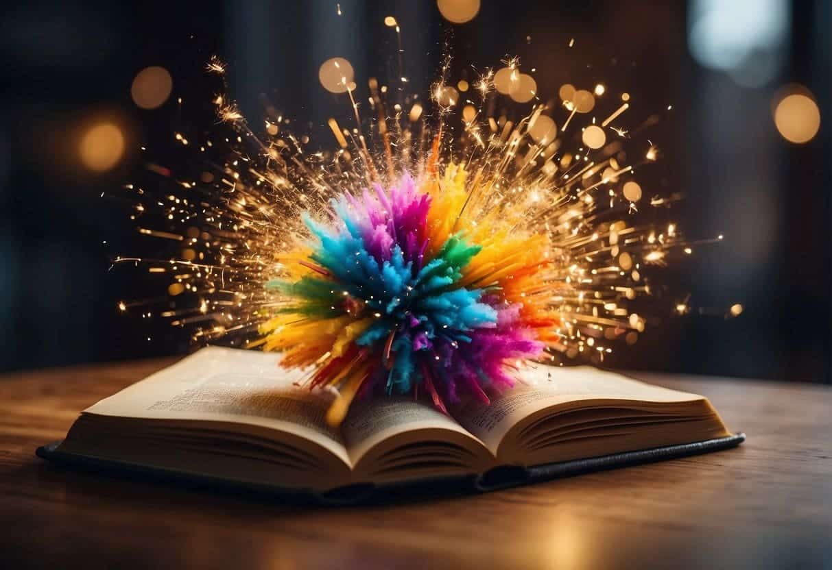 A colorful explosion of diverse, unexpected elements bursting out of a book, capturing attention and sparking curiosity