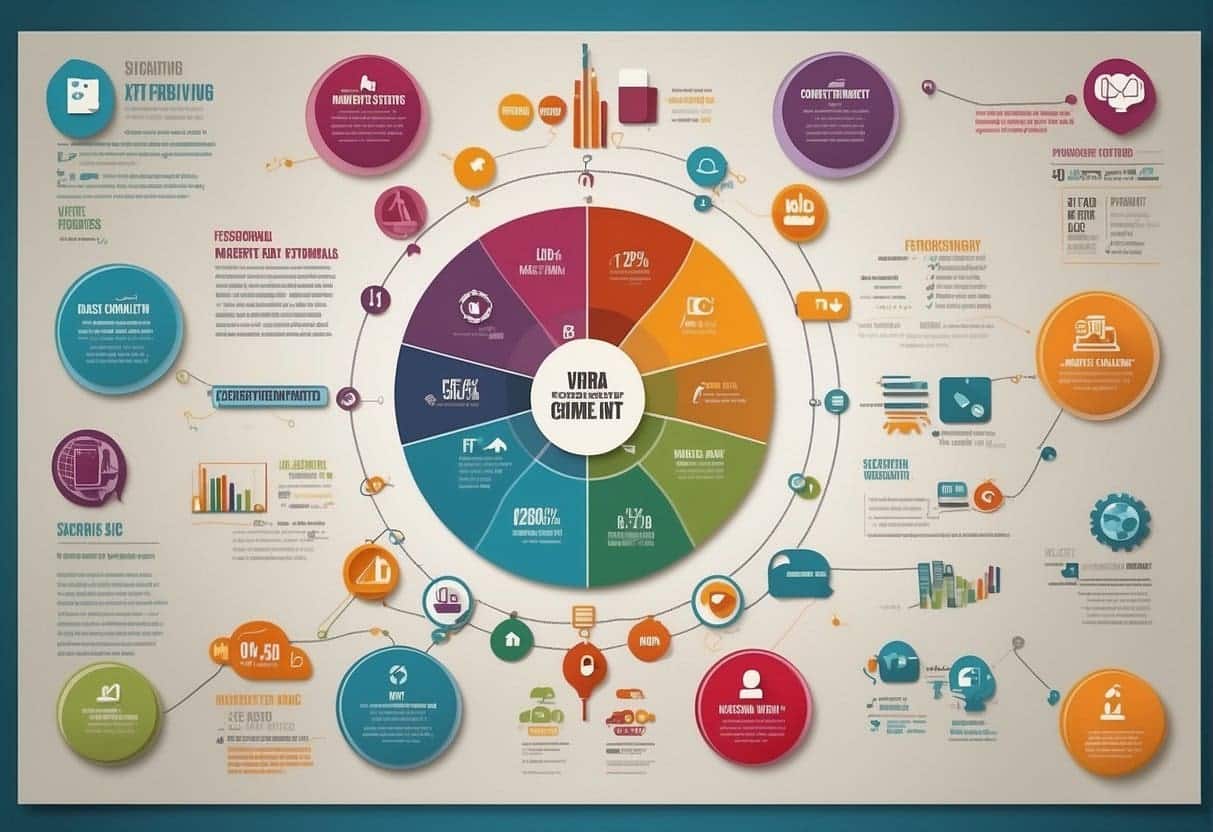 A colorful infographic displaying the key elements of viral content, surrounded by various challenges and considerations in content marketing