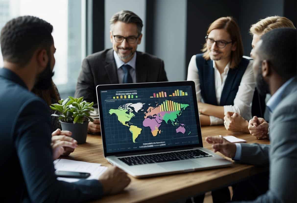 A group of small business owners gather around a table, discussing AI initiatives and global market opportunities. Charts and graphs are spread out, showing potential growth and success