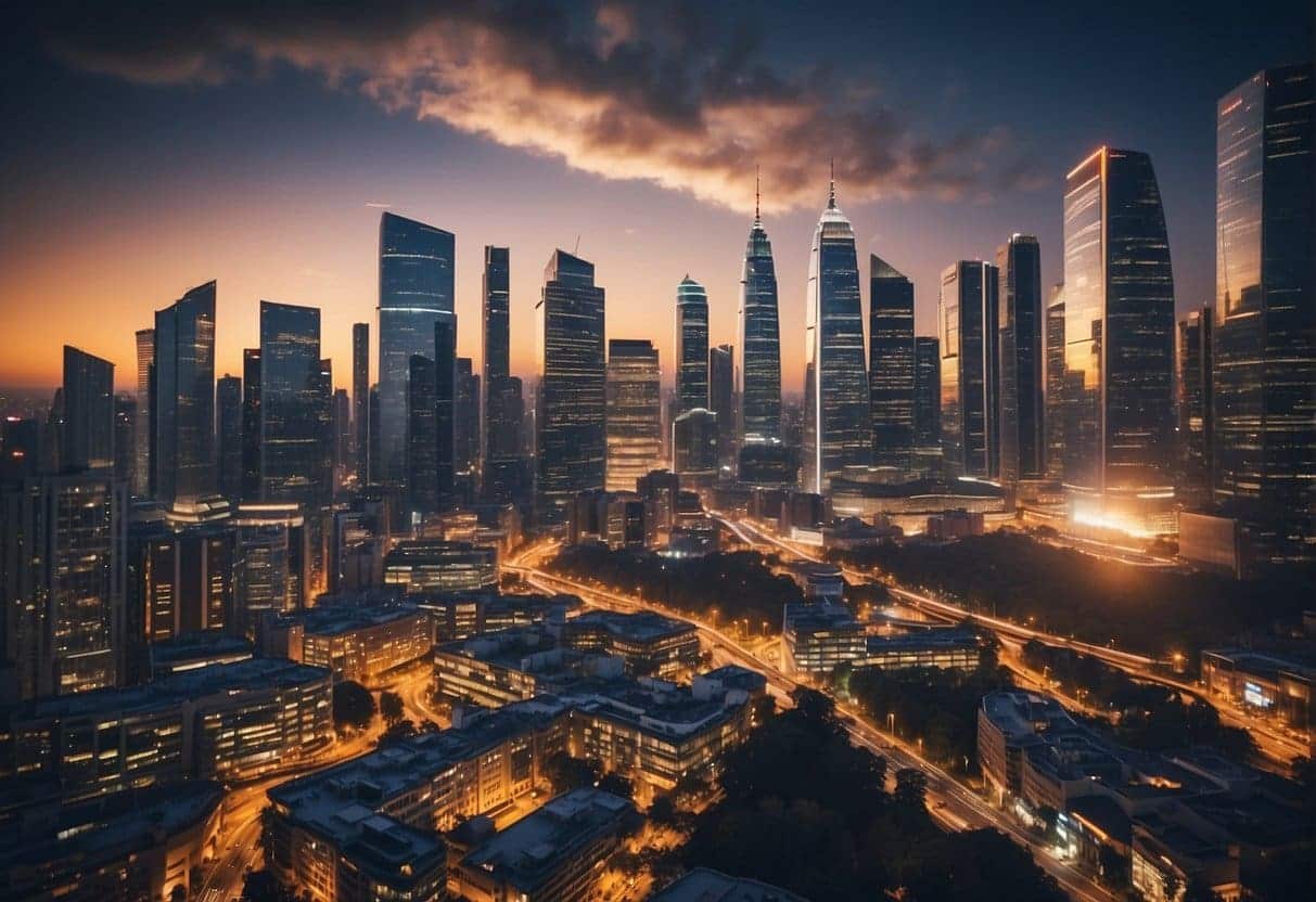 A bustling city skyline with AI-powered technologies integrated into various business operations, illustrating the global impact of digital transformation on SMEs