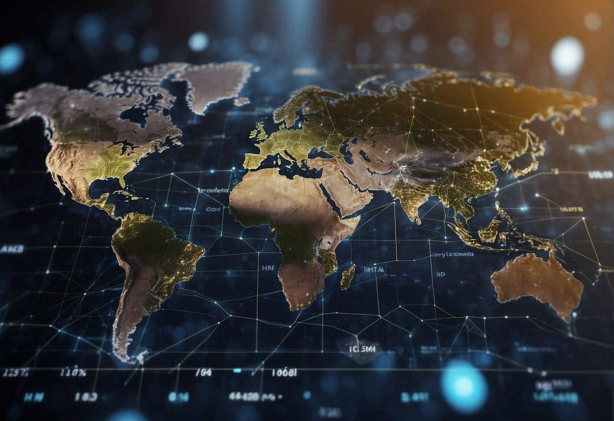 AI algorithms analyze market data. Graphs show sales growth. Global map highlights SMEs. AI logo prominent