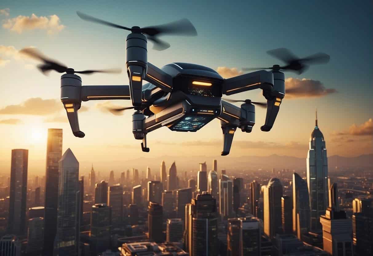 A futuristic city skyline with AI-powered drones and robots working in various entertainment and media sectors. Bright lights and digital screens illuminate the scene
