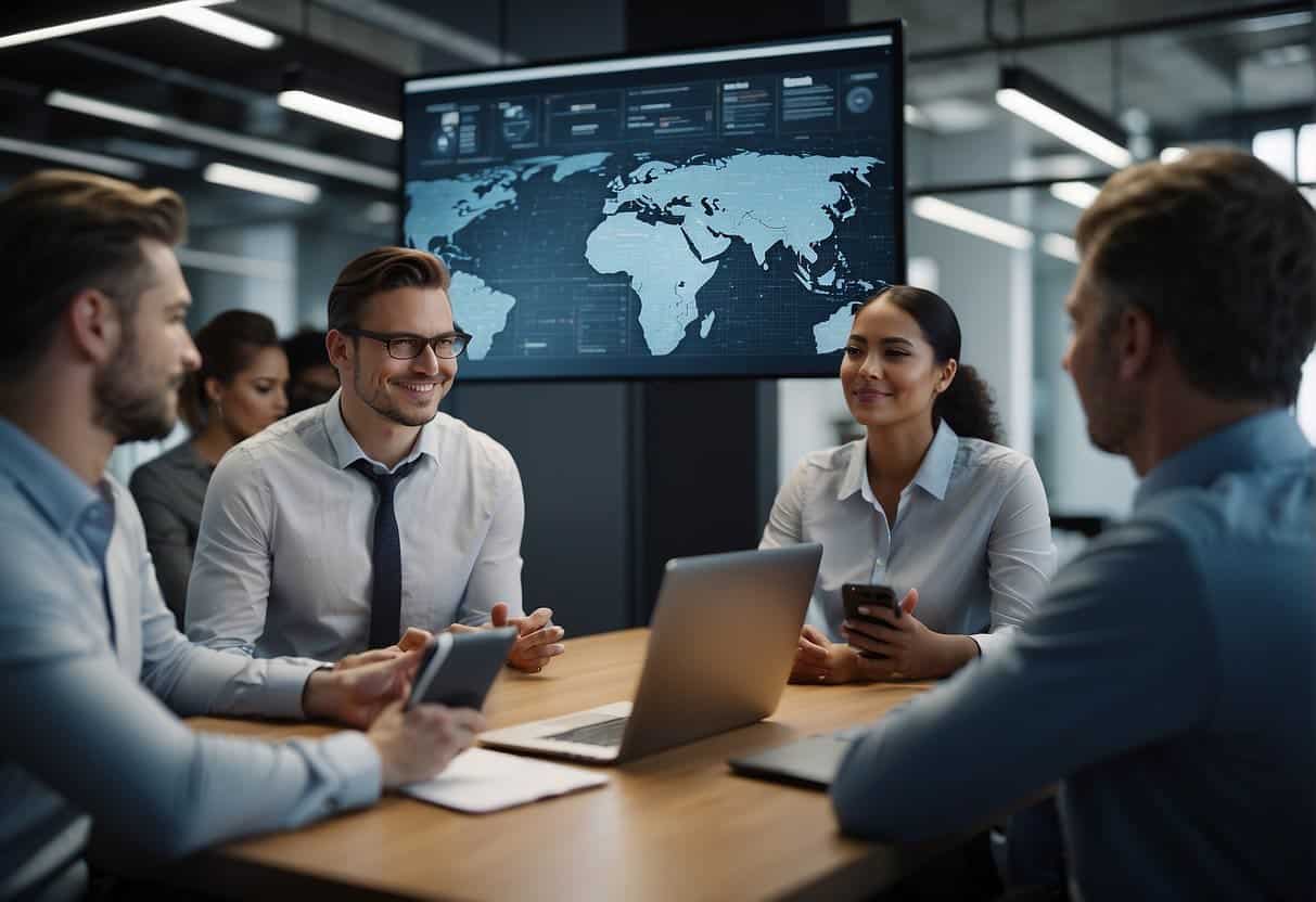 A group of employees gather around a screen, learning best practices for working with AI through a FAQ training session