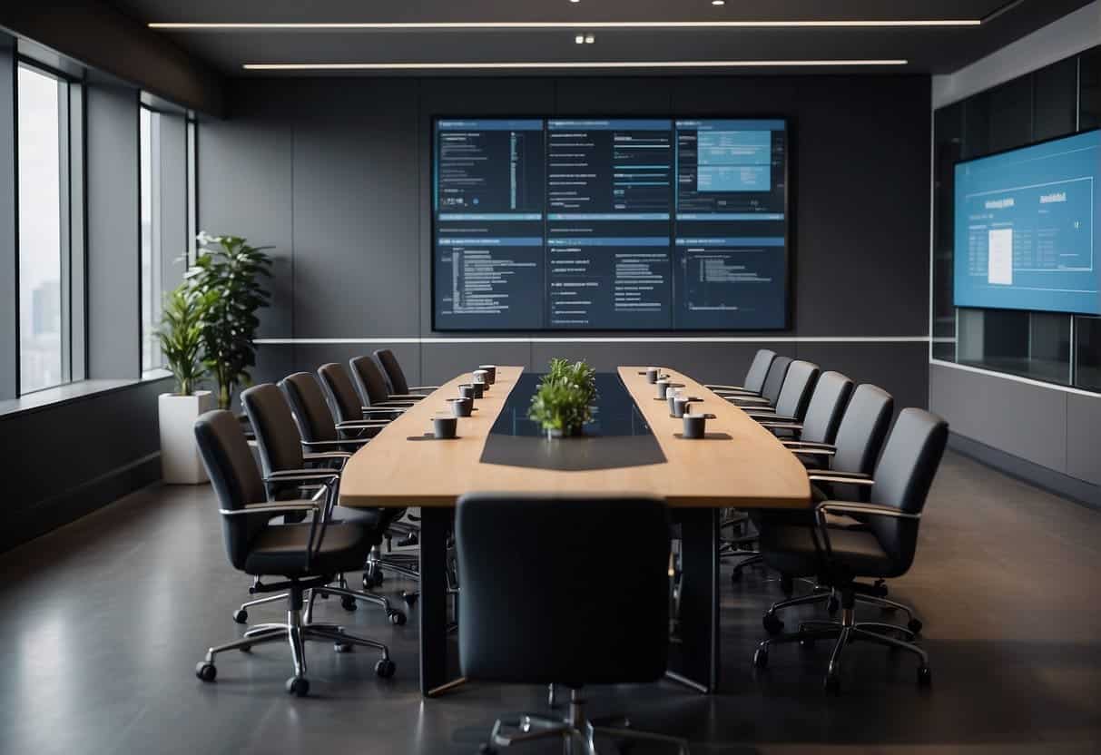 A conference room with legal documents, AI technology, and compliance tools laid out on a table. A presentation screen displays "Preparing for the EU AI Act"