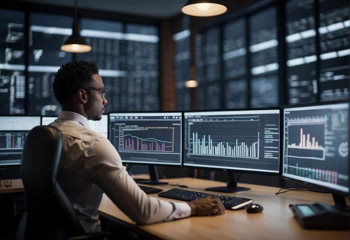 A small business office with computers and data servers. Charts and graphs on the walls. Staff collaborating on machine learning strategies