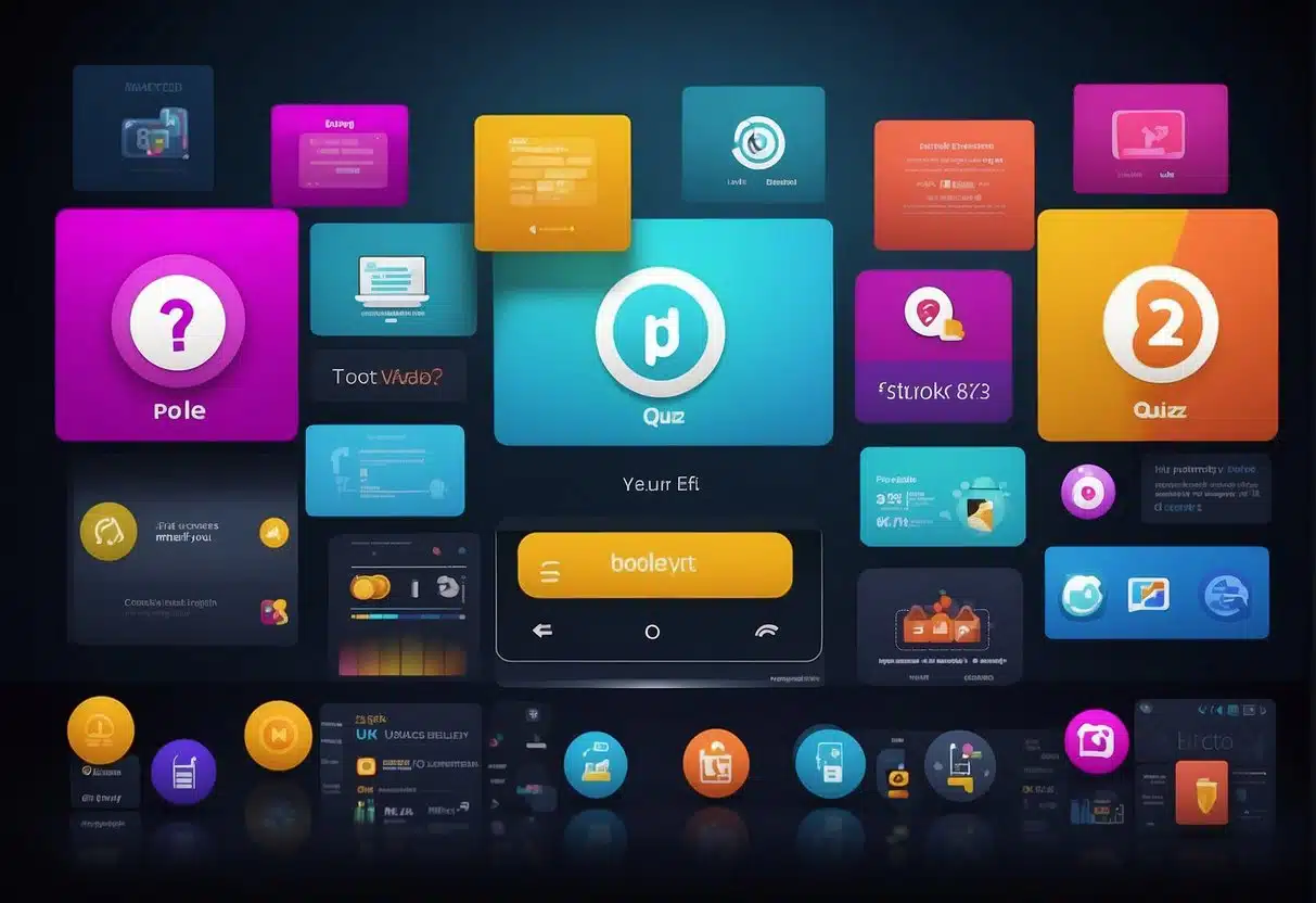 A computer screen displaying a quiz or poll with colorful, engaging graphics. A group of diverse icons or avatars interacting with the content