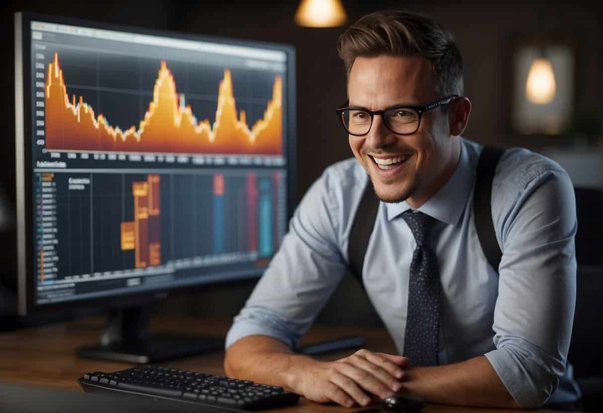 A small business owner excitedly examines a graph showing increased profits, while a computer program runs in the background, analyzing data