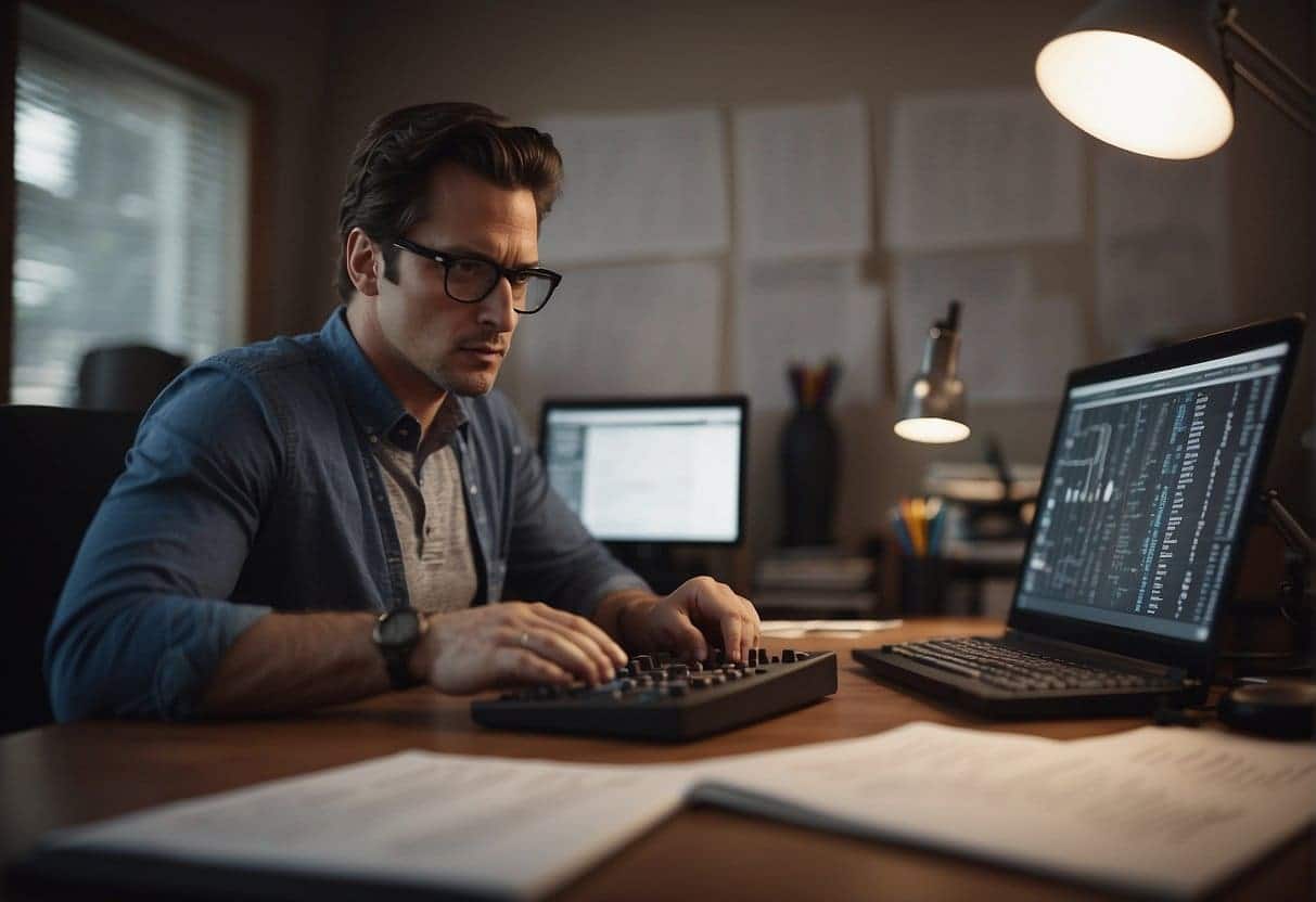 A scriptwriter types on a computer, surrounded by notes and storyboards. A stopwatch sits nearby, emphasizing the importance of pacing