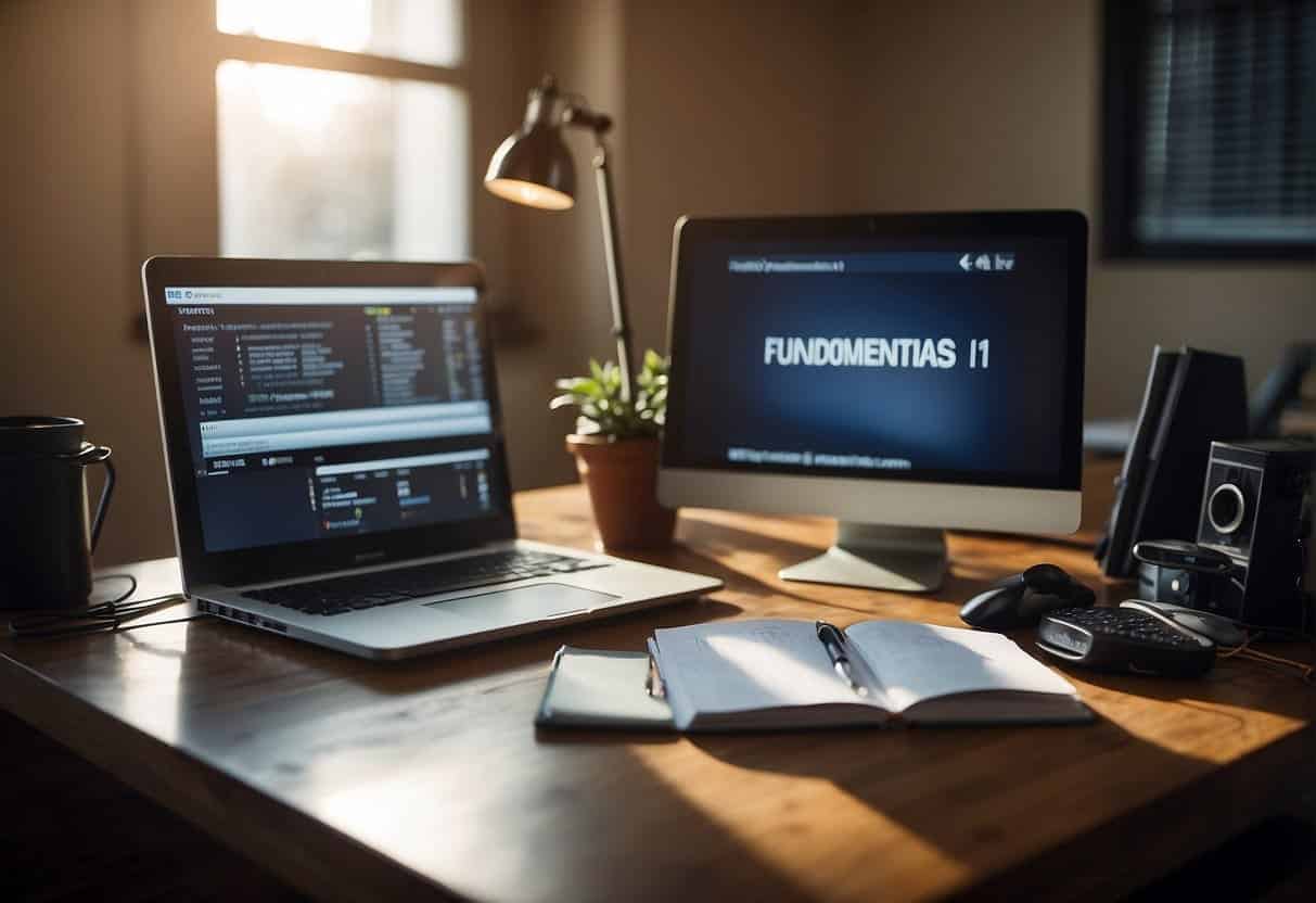 A desk with a computer, notebook, and pen. A script titled "Fundamentals of Video Script Writing" is open on the screen