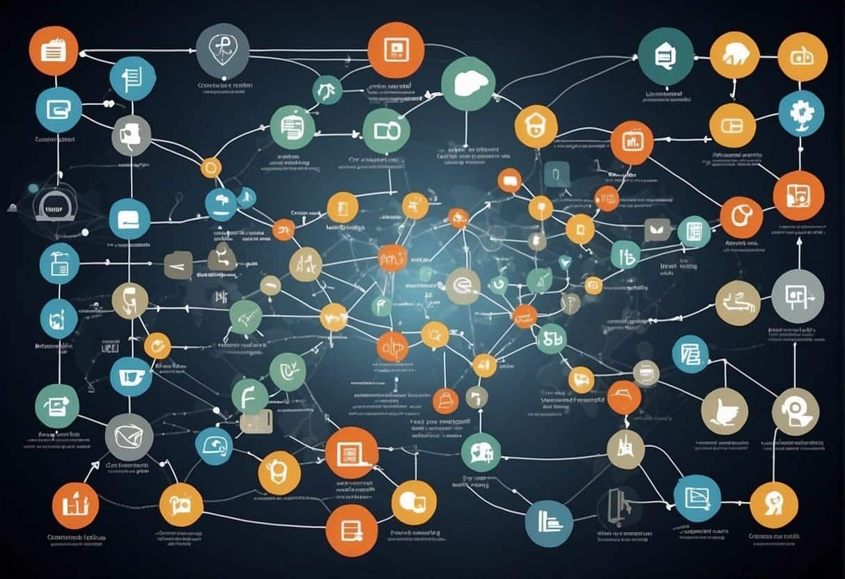 A flowchart showing various content marketing channels leading to a central success metric. Visual elements represent social media, email, and website traffic