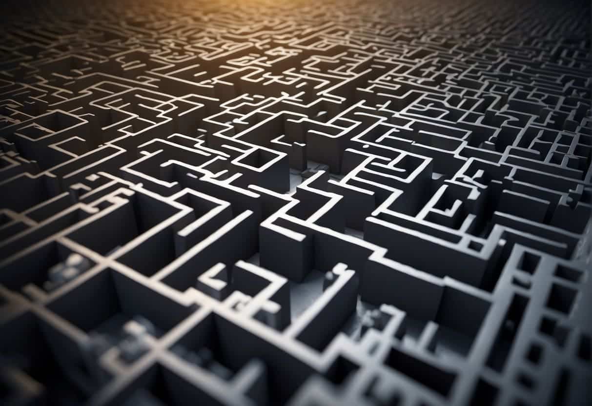 A complex maze with AI symbols, representing barriers and challenges in AI adoption for SMEs