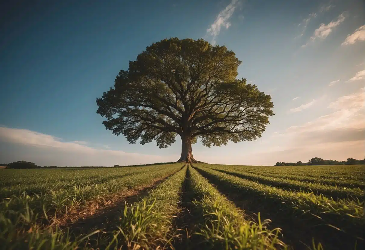 A strong tree stands tall in a field, its roots deeply grounded. A consistent flow of wind brushes through its leaves, symbolizing the importance of consistency in brand voice across all content