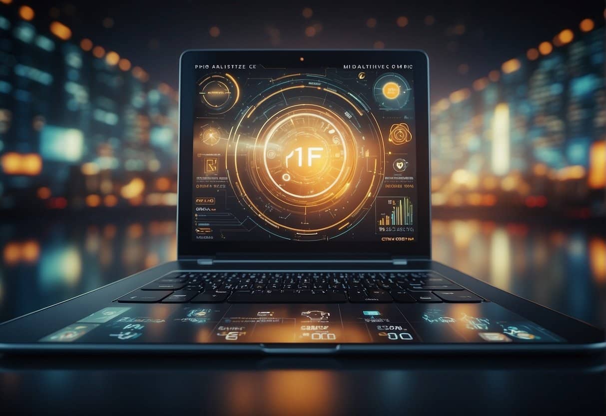 A futuristic digital interface displaying various content marketing technologies and platforms, with data analytics and conversion rate optimization tools