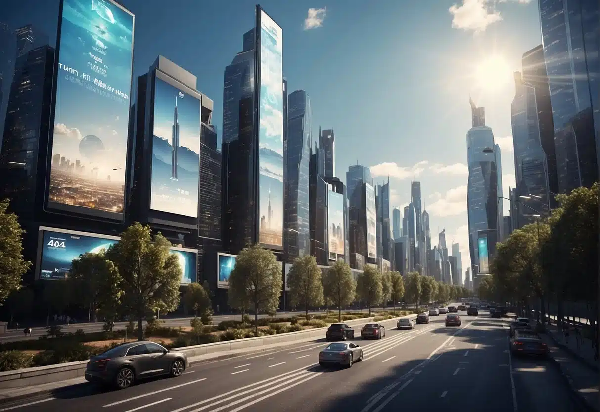 A futuristic city skyline with digital billboards displaying personalized content. Robots and drones deliver targeted marketing materials to individuals