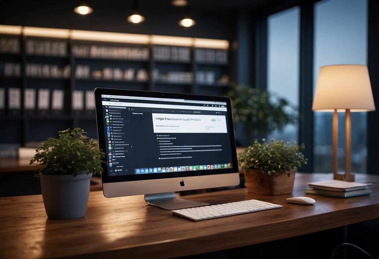 Legal office with computer, phone, and paperwork. Website and social media logos visible. Leads flowing in from various online sources