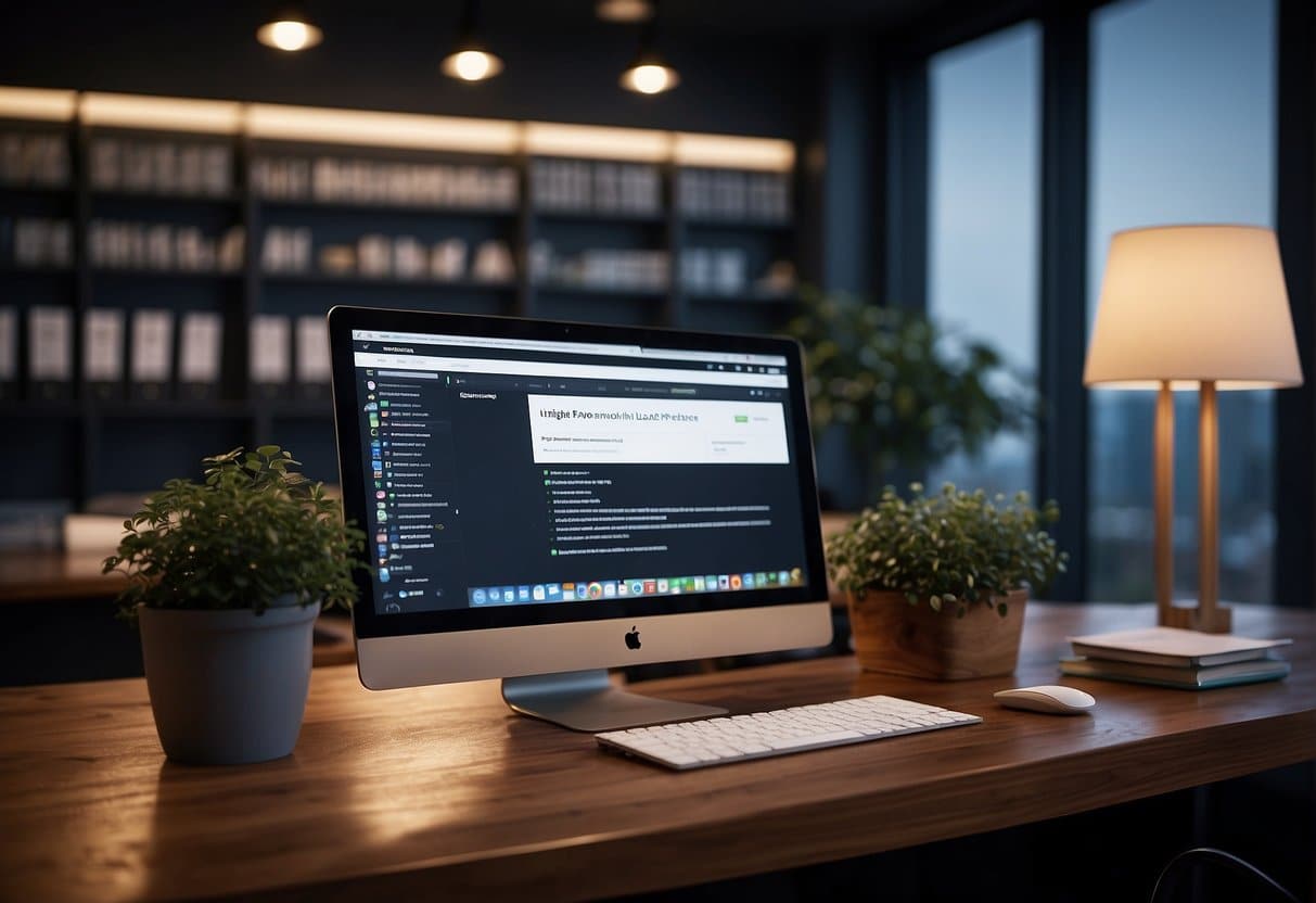 Legal office with computer, phone, and paperwork. Website and social media logos visible. Leads flowing in from various online sources